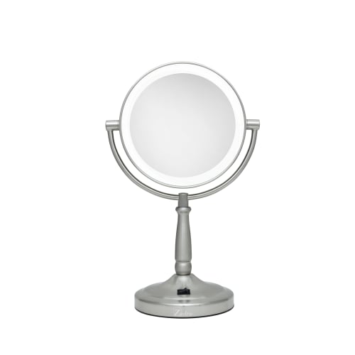 Cordless Two-Sided, LED Vanity Mirror, 1x/10x Magnification, Satin Nickel Finish